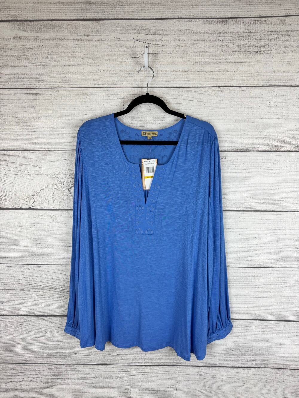 Democracy Plus Size Blue Embroidered Floral Soft Boho Blouse Size 3X